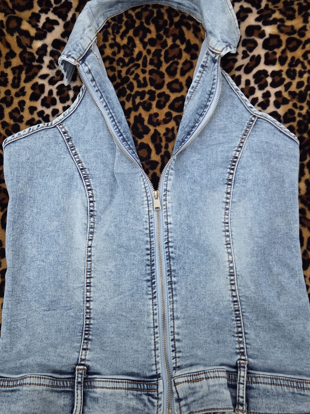Denim Zip-Front Halter Camisole in Light Blue